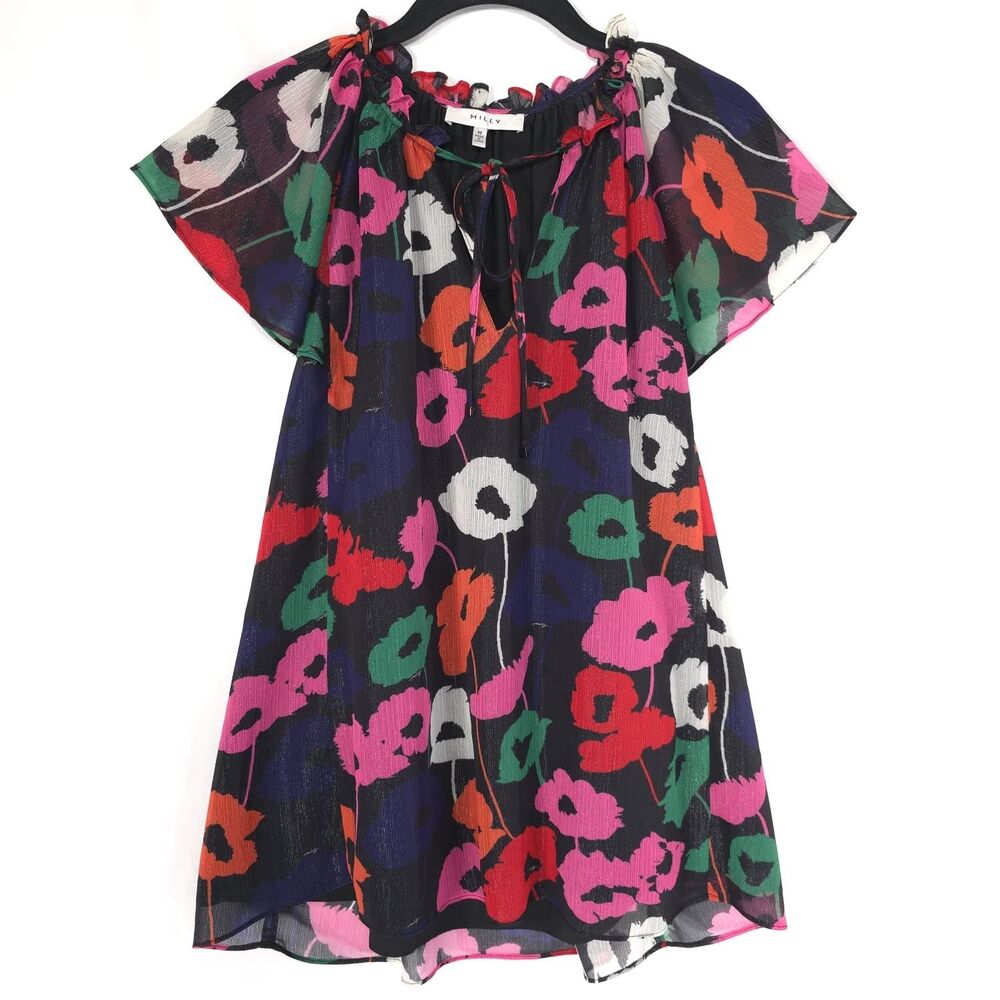 MILLY Women's Floral Top Blouse MEDIUM‎ Sheer Tie Neck Short Sleeve Multicolor